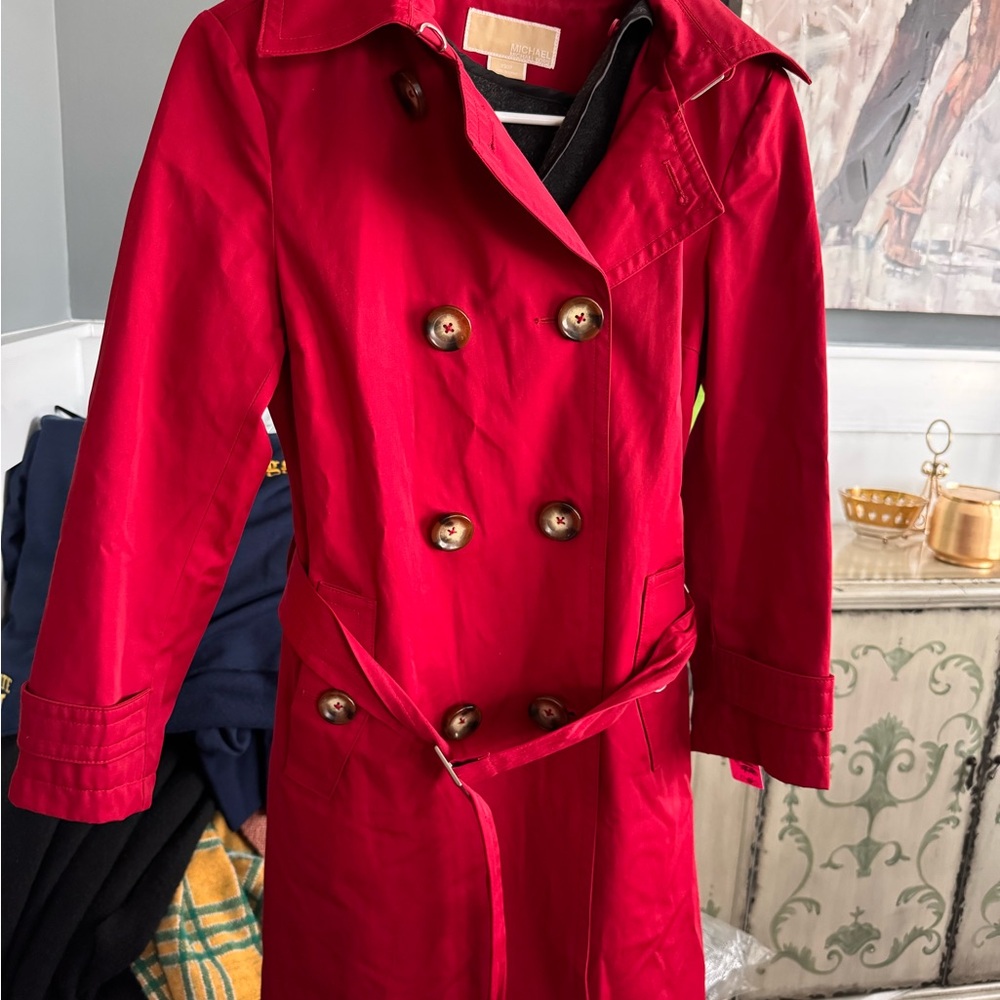 Michael Kors Red Double-Breasted Trench Coat with liner and hood.